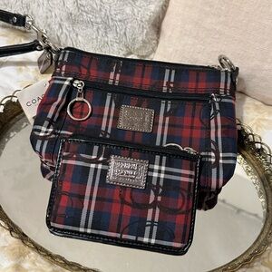 NWT Coach Red and Blue Plaid Crossbody Bag and Wallet Bundle